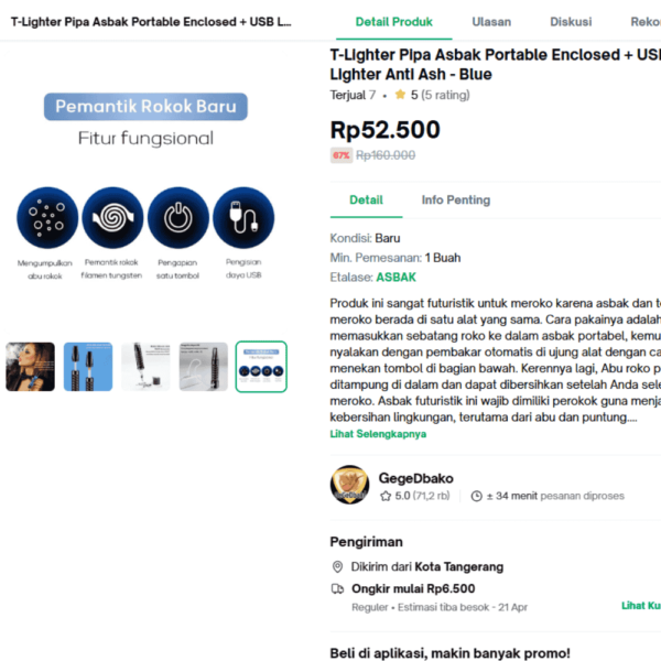 T-Lighter Pipa Asbak Portable Enclosed + USB Lighter Anti Ash - Blue - Gambar 2