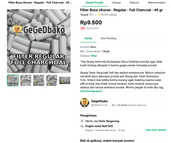 GegeDbako - Filter Rokok Busa Rokok Linting Tingwe - Ukuran - Regular - Full Charcoal - 40 gram - Gambar 6