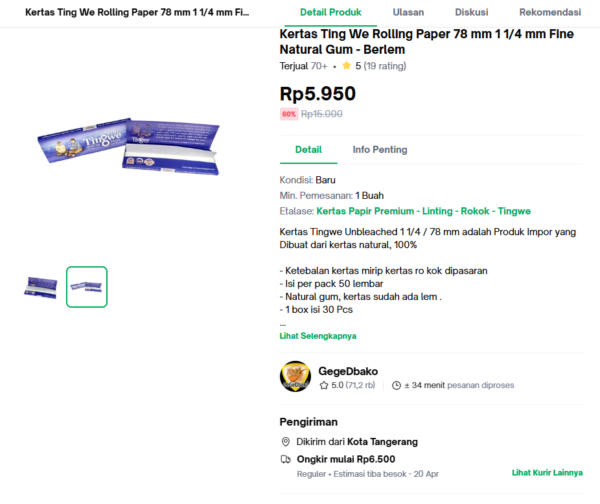 Kertas Papir Ting We Rolling Paper 78 mm 1 1/4 mm Fine Natural Gum - Berlem - Gambar 2
